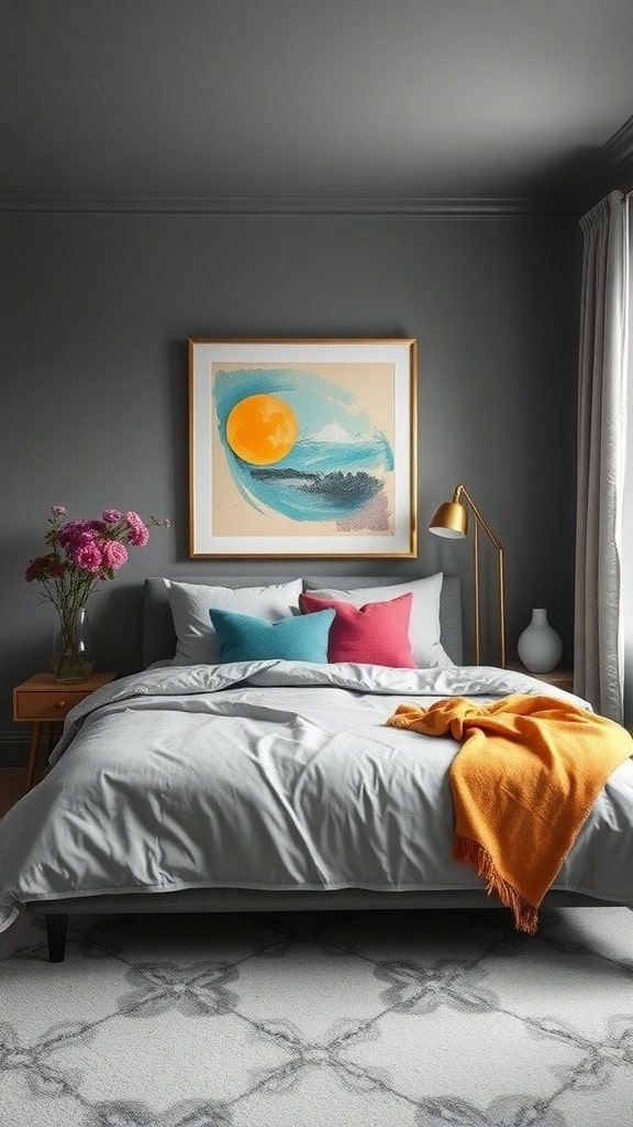 A stylish gray bedroom featuring bright colored pillows, a vibrant orange throw, and colorful artwork.