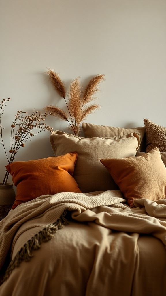 A cozy bedroom with layered earthy textures featuring beige and burnt orange cushions, a textured throw blanket, and dried flowers.
