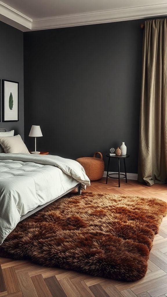 A cozy bedroom featuring a chocolate brown area rug, a bed with light bedding, and a dark wall.