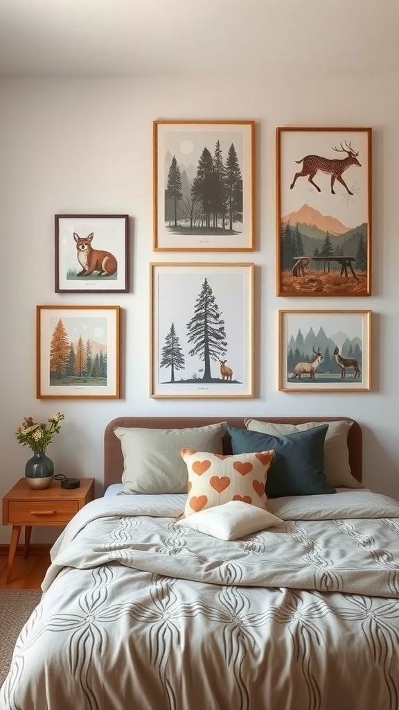 A cozy bedroom featuring woodland-themed wall art with images of deer, foxes, and trees in wooden frames.