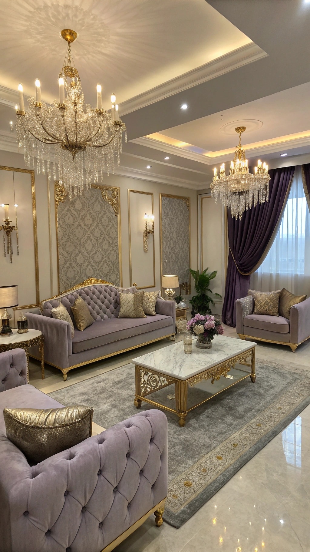 A luxurious lavender living room featuring gold accents, elegant furniture, and a chandelier.