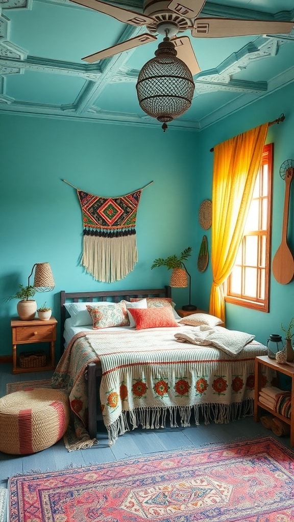 A beautifully decorated turquoise bedroom featuring a cozy bed, warm curtains, and decorative elements.