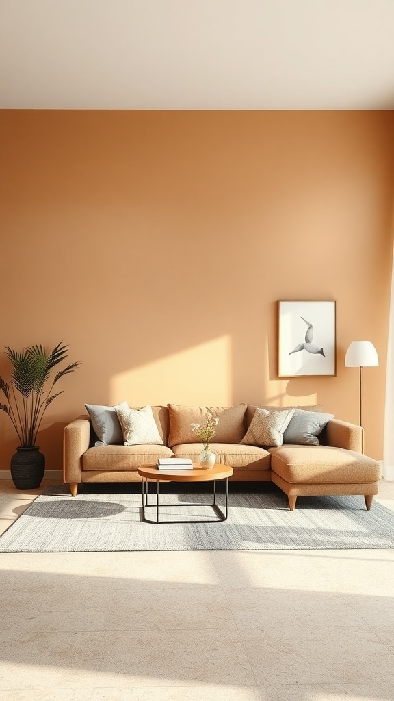 A minimalist living room featuring warm caramel walls, a cozy sectional sofa, and a simple coffee table.