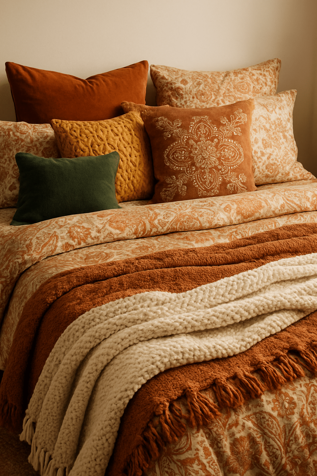 A cozy boho bedroom featuring warm-toned bedding with various textured pillows and blankets.