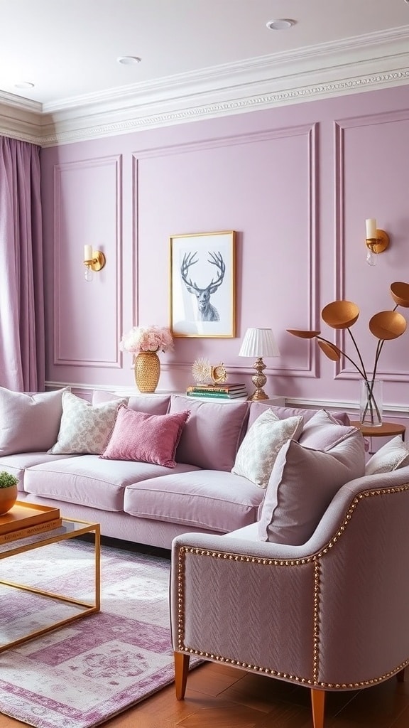 A stylish living room featuring lavender walls, a lavender sofa with cushions, gold accents, and a deer artwork.