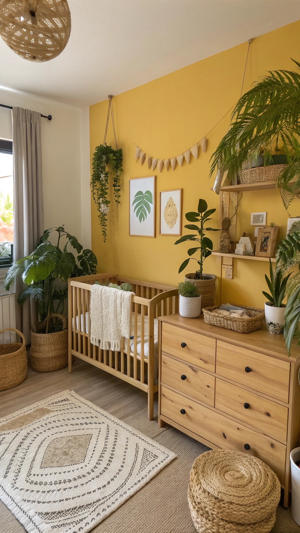 A mustard yellow nursery featuring a wooden crib, plants, and natural decor elements.