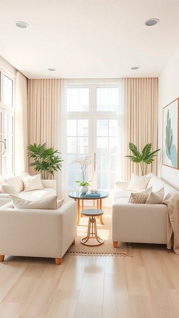 Bright cream living room with large windows, light curtains, and green plants.