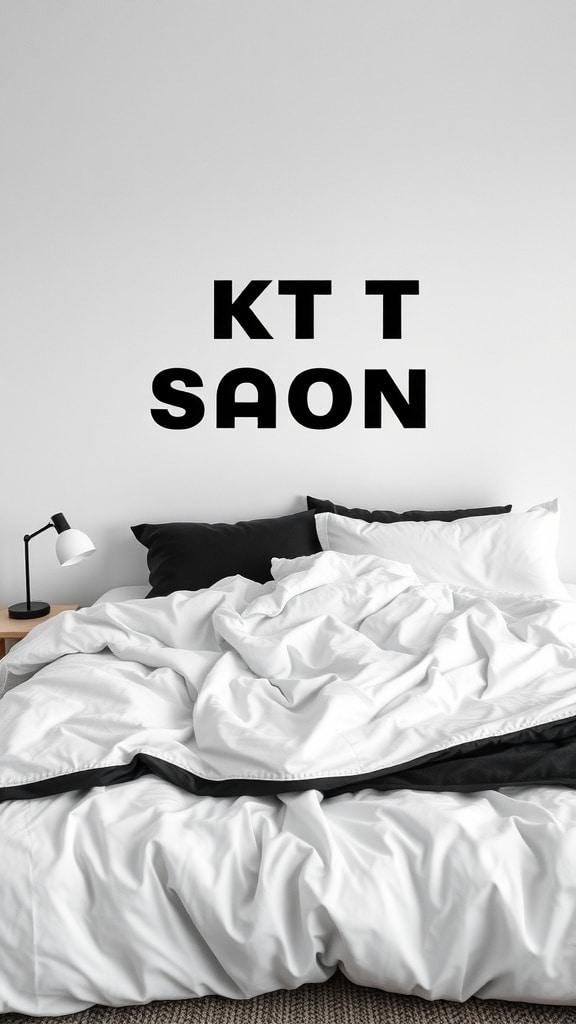 A minimalist black and white bedding setup with a cozy duvet and contrasting pillows.
