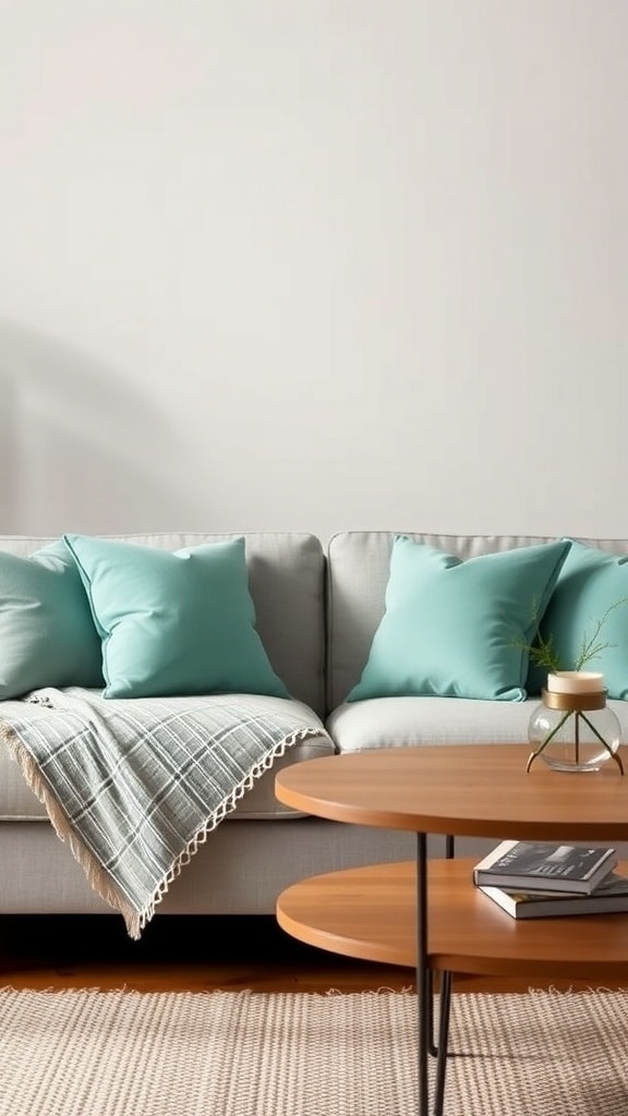 A cozy living room with mint-colored throw pillows on a light sofa, featuring a wooden coffee table and a soft throw blanket.