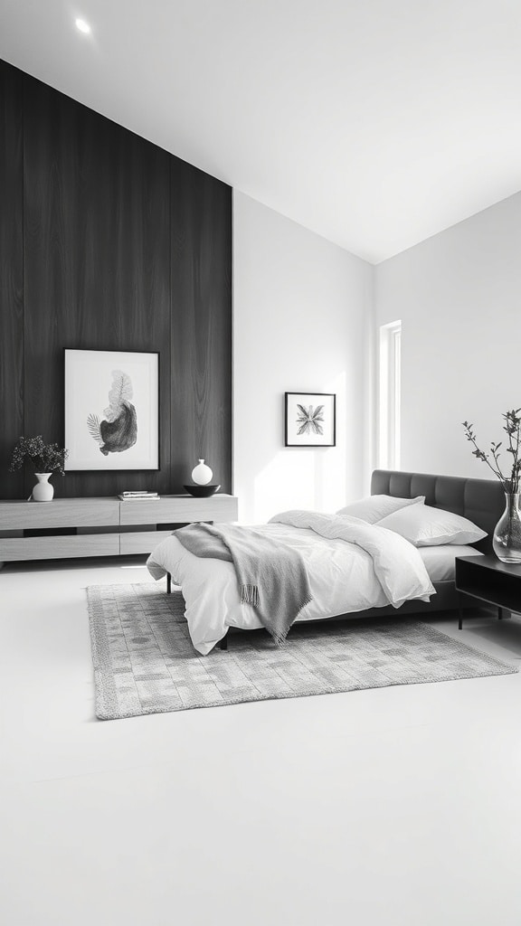 A minimalist black and white bedroom featuring a simple layout with a bed, dark wood accent wall, and natural light.