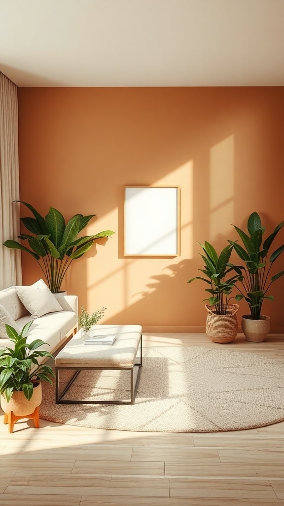 A minimalist living room with caramel walls, a beige couch, a coffee table, and indoor plants.