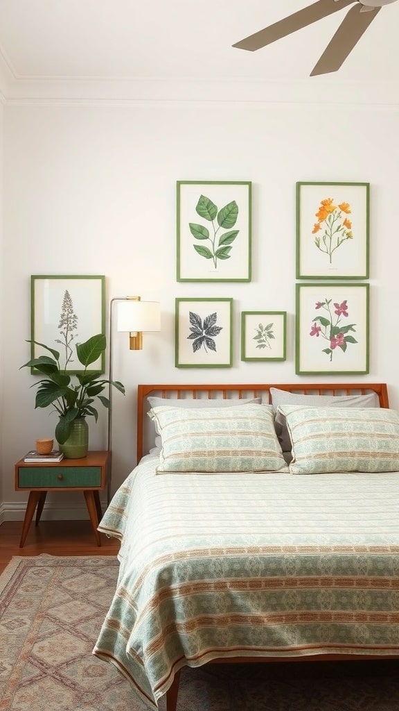 Mid-century bedroom featuring botanical prints on the wall, a wooden bed, and a green nightstand.