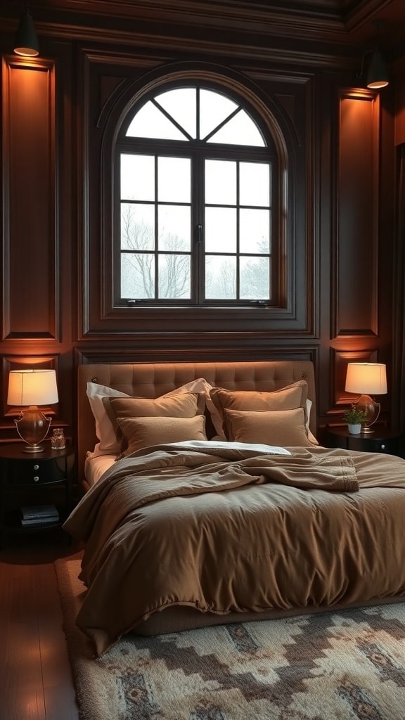 A cozy bedroom with chocolate brown walls, a large window, and warm lighting.