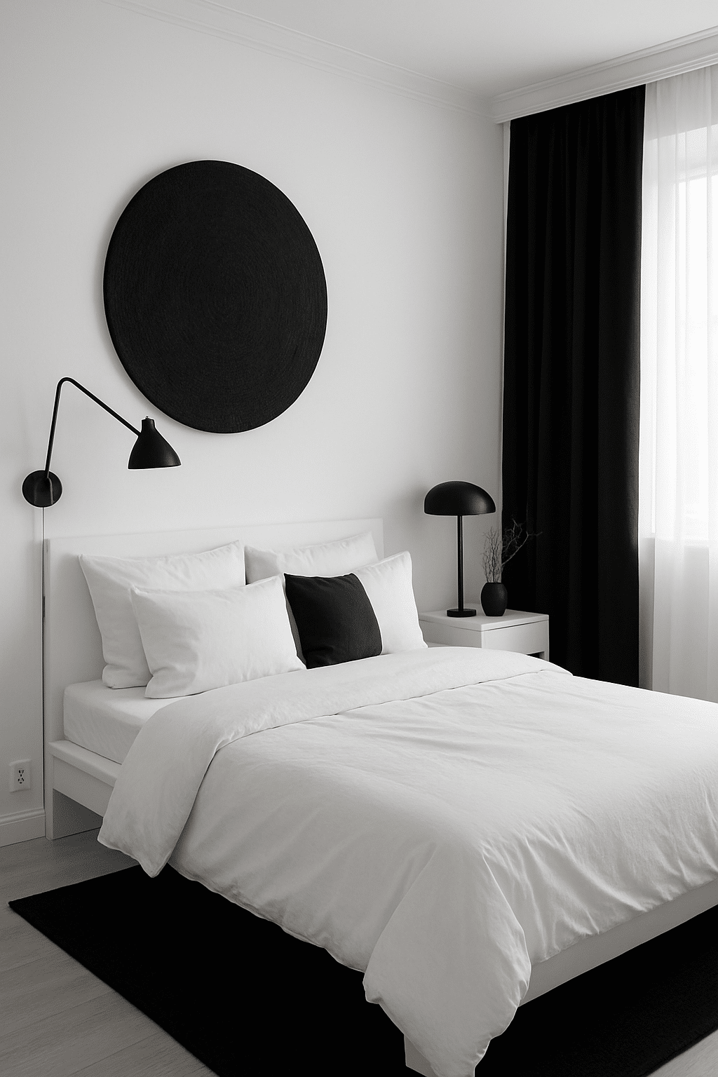 A chic monochrome bedroom featuring white bedding, black accents, and modern decor.