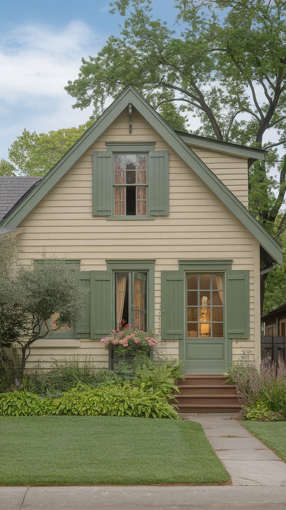 A cozy house with accessible beige exterior and forest green accents, surrounded by greenery.
