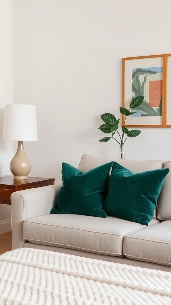A cozy sofa with forest green accent pillows, a lamp, and a plant in a bright room.