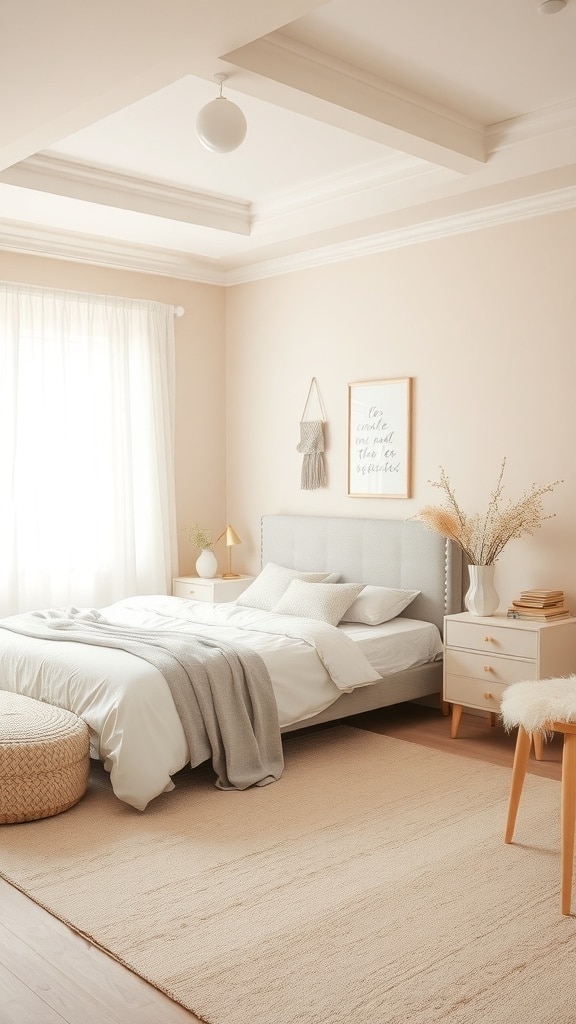 A stylish beige bedroom featuring soft pastel tones, cozy bedding, and natural light.