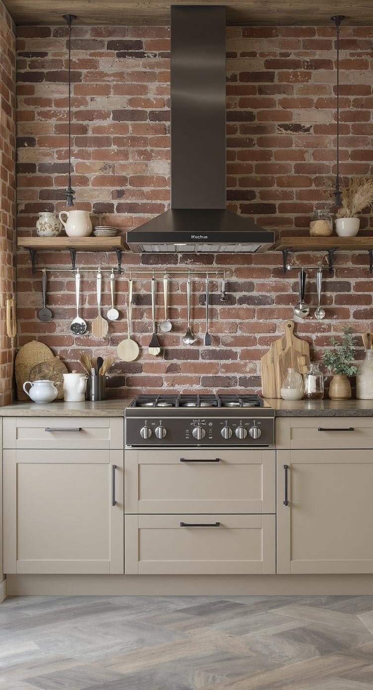 Industrial style kitchen featuring greige cabinets with metal fixtures and a brick wall.