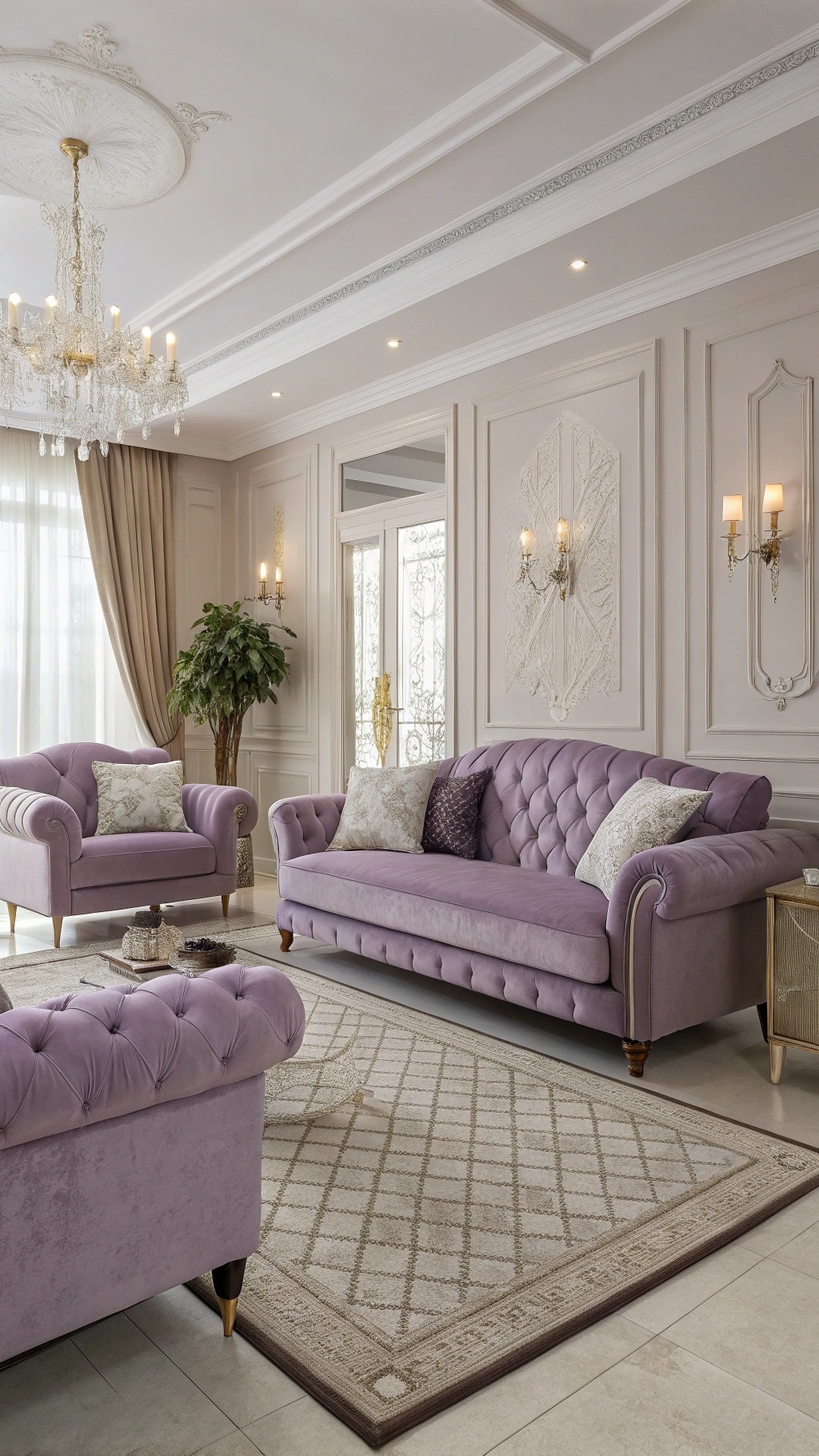 A luxurious lavender living room featuring tufted lavender sofas, decorative pillows, and an elegant rug.