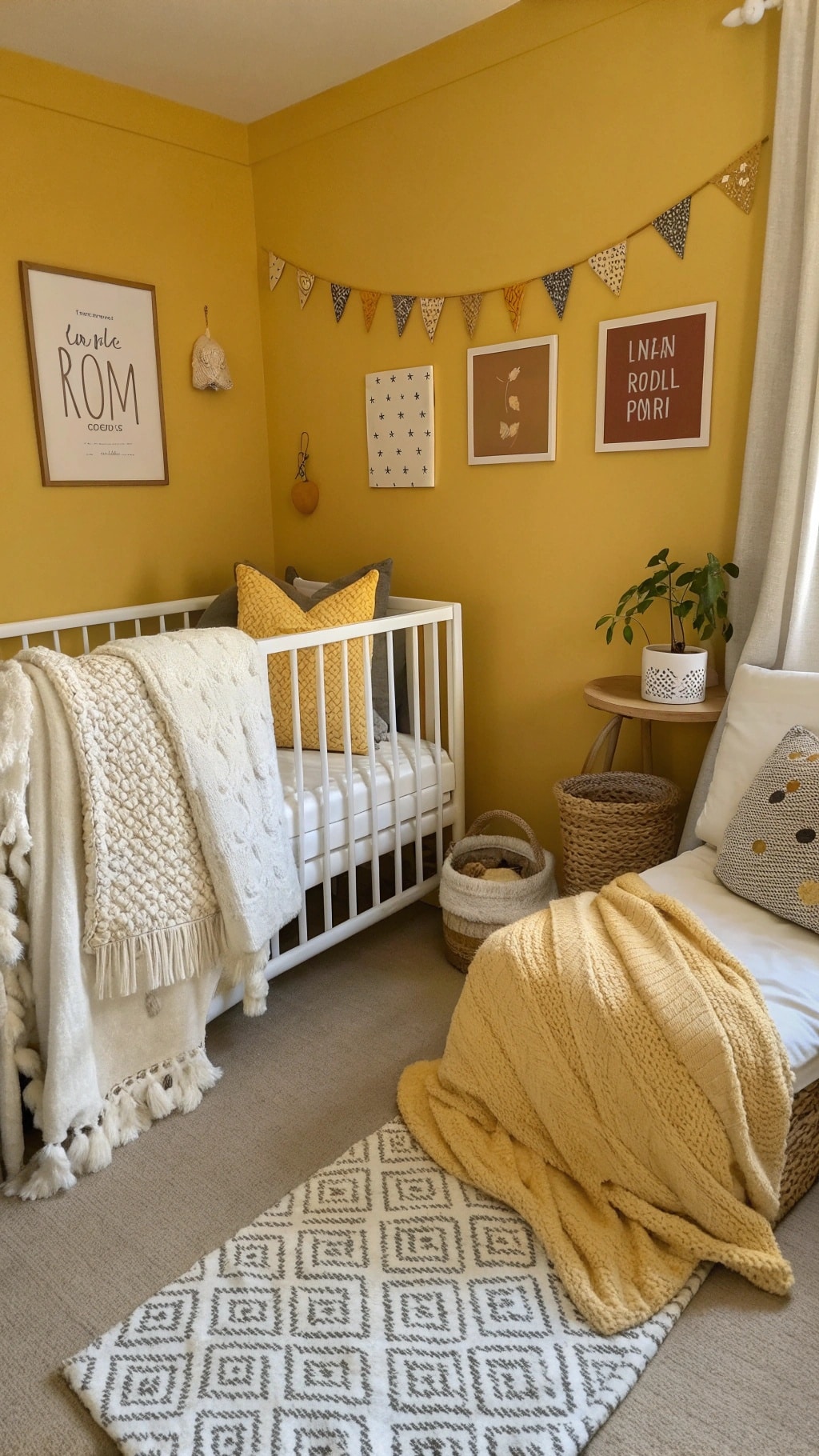 A cozy nursery featuring soft yellow and cream textiles, including knitted blankets and patterned cushions.
