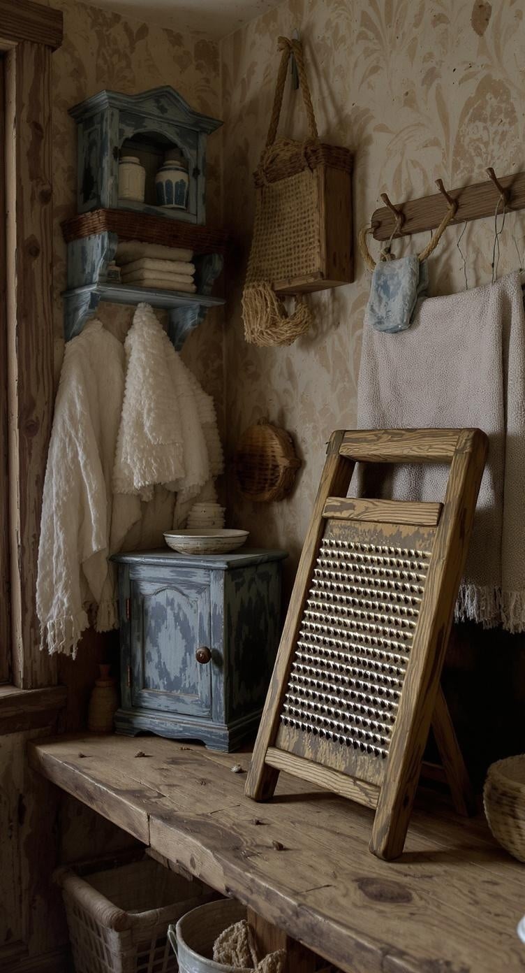 A vintage-inspired laundry room featuring earthy indigo tones, wooden washboard, woven baskets, and rustic decor.
