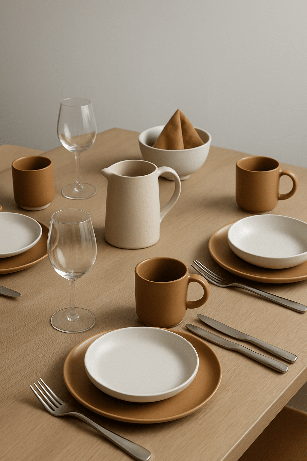 A minimalist dining table set with caramel and white tableware, featuring mugs, plates, and cutlery on a wooden surface.