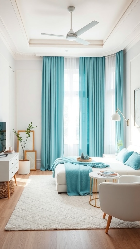 A bright bedroom featuring teal curtains and a throw blanket, with white walls and furniture.