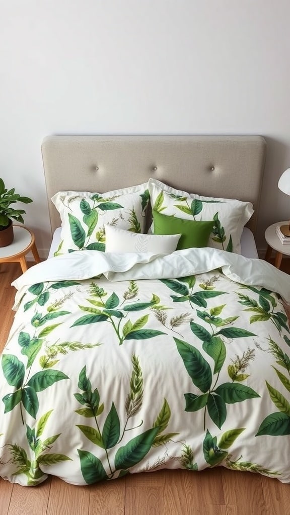 Cozy bedroom with botanical print bedding featuring green leaves on a light background.