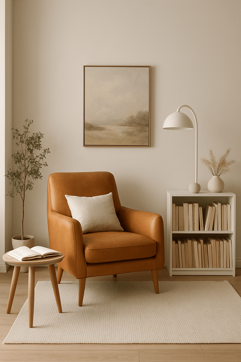 A cozy reading nook featuring an orange chair, a small wooden side table, and a bookshelf against a light wall.