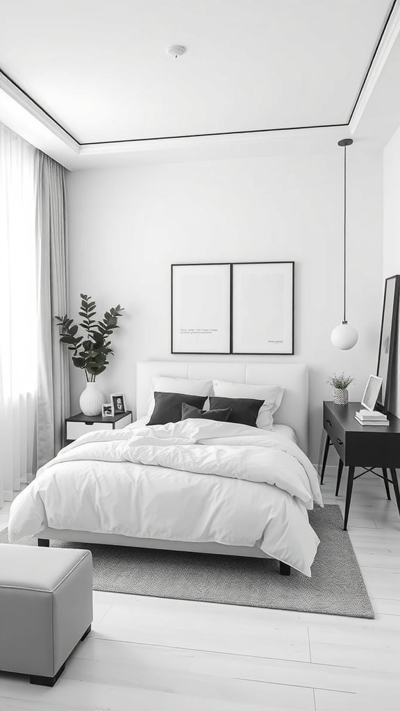 A chic minimalist bedroom featuring a white bed, black accents, and a potted plant.