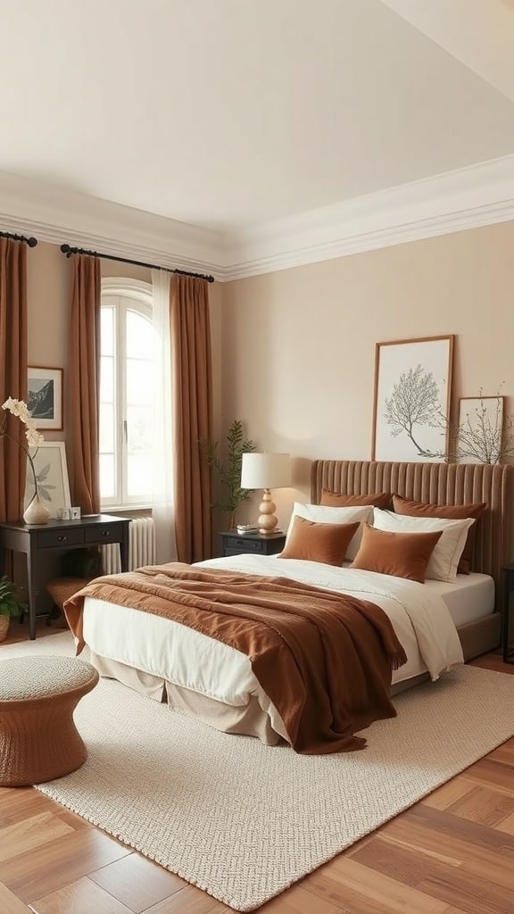 A stylish bedroom featuring a chocolate and cream color palette with brown bedding, cream walls, and wooden accents.