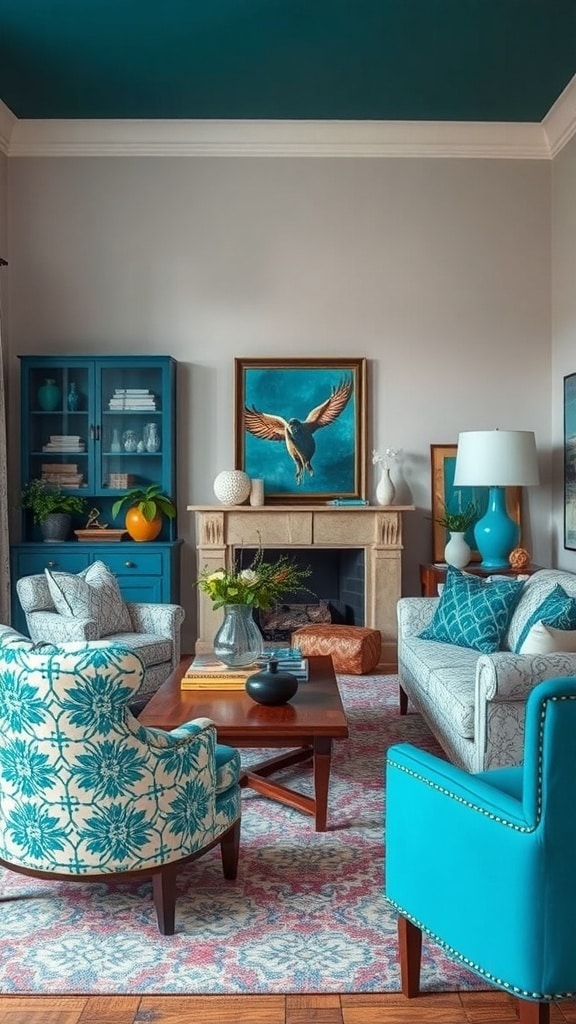 A cozy living room featuring peacock blue elements, patterned chairs, and vibrant artwork.