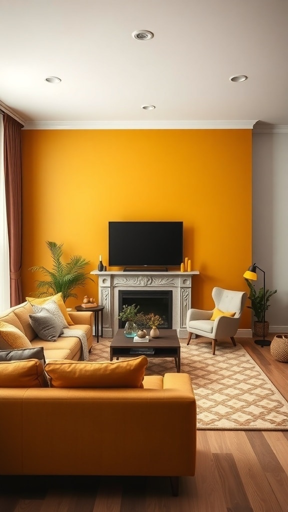 Living room with a cozy mustard yellow accent wall, featuring a gray sofa, coffee table, and plants.
