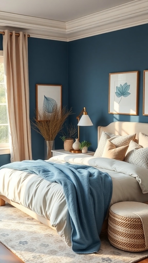 Cozy bedroom featuring blue walls, beige bedding, and natural decor elements.