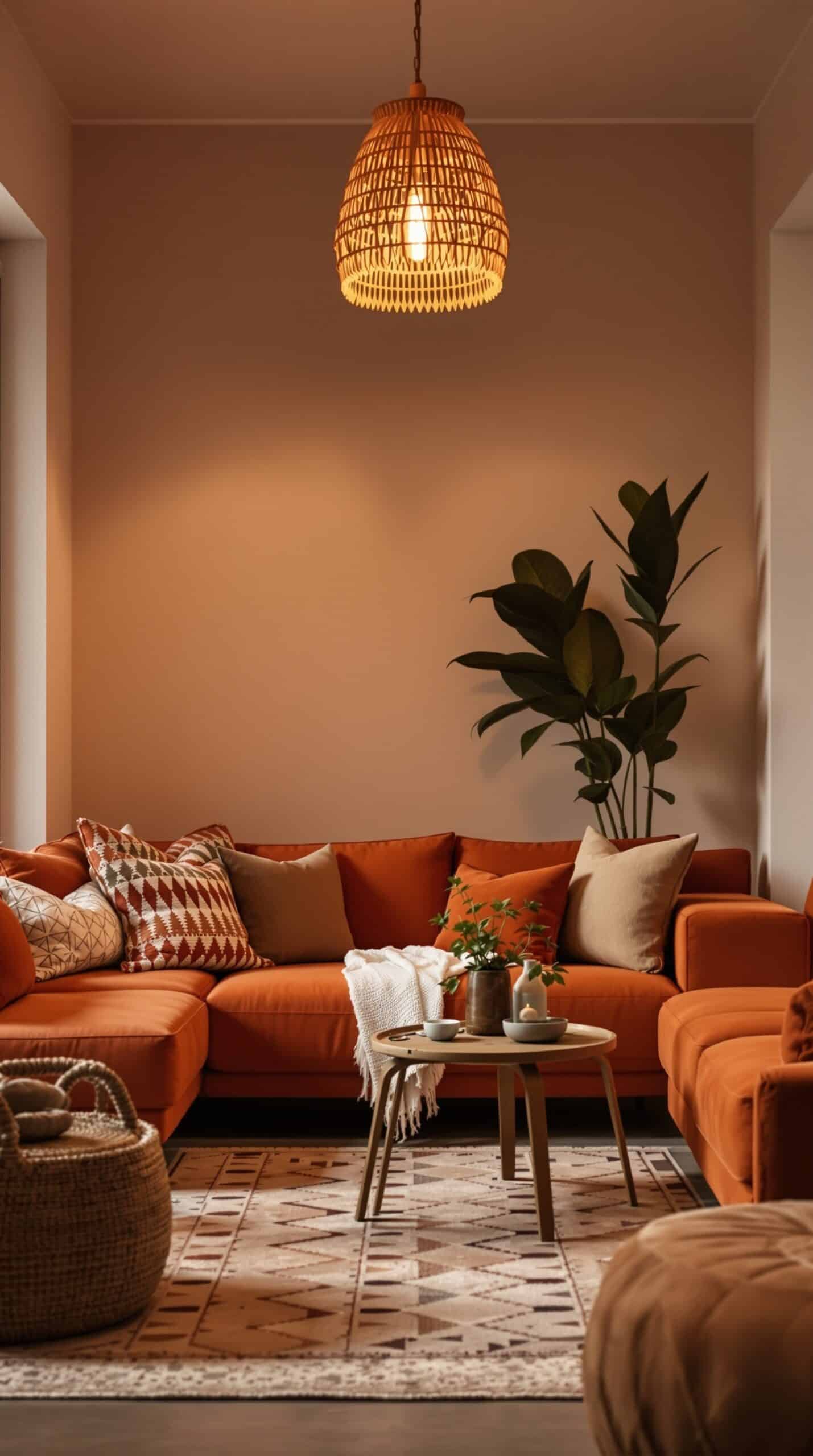 A cozy bohemian living room featuring elegant chandeliers and warm lighting.