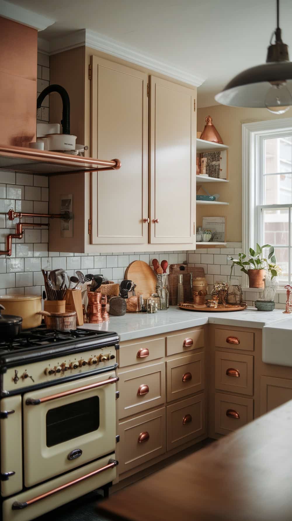 A cozy kitchen featuring accessible beige cabinets with copper accents, showcasing a warm and inviting atmosphere.