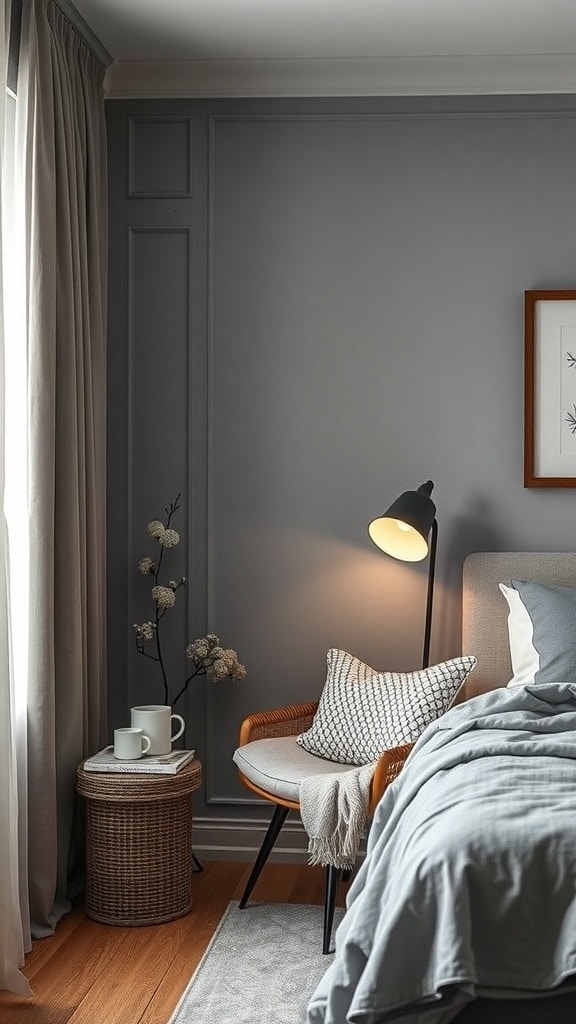 Cozy reading nook in a neutral gray bedroom featuring a stylish chair, lamp, and side table.