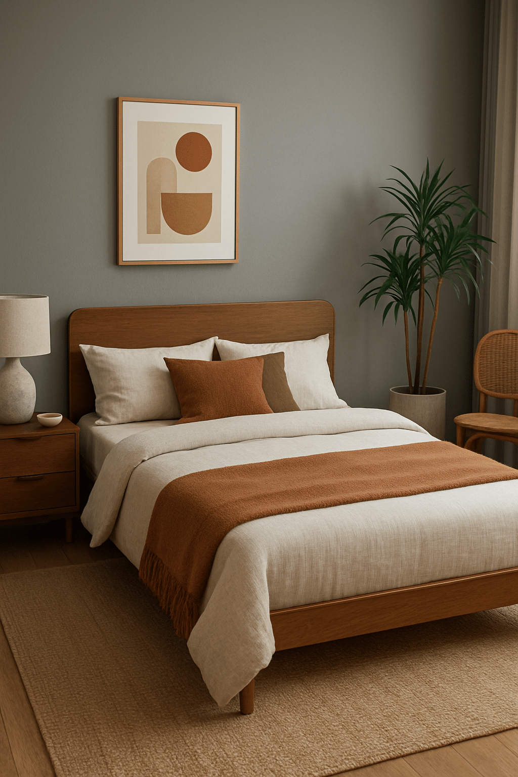 A modern bedroom featuring gray walls, wooden furniture, and earthy tones in the bedding and decor.