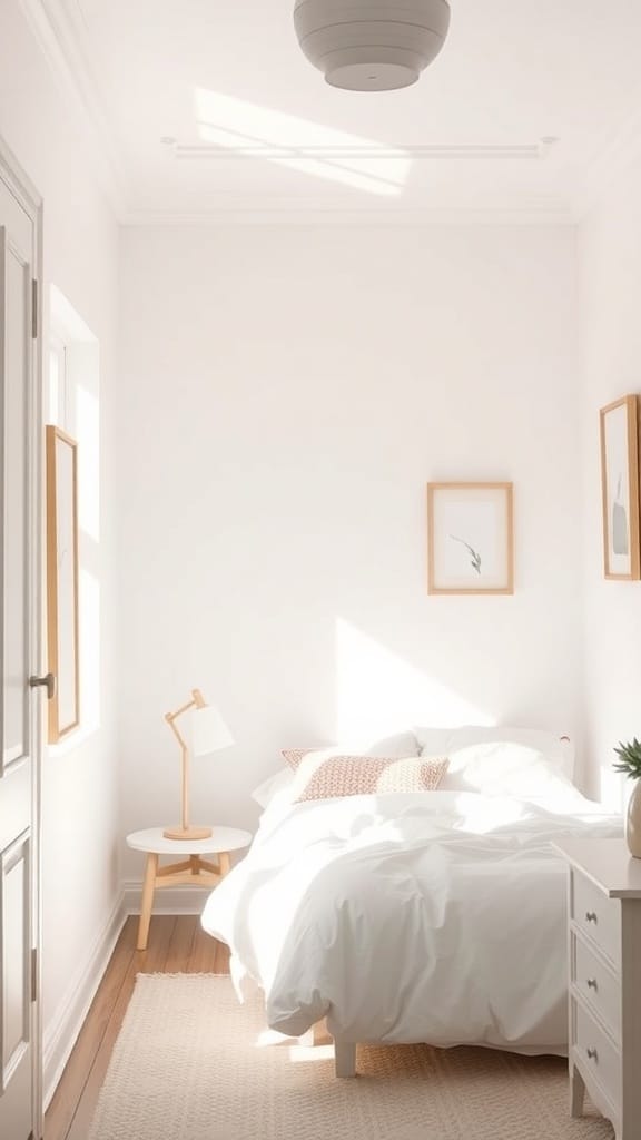 A bright, tiny white bedroom with natural light streaming in, showcasing white walls, a cozy bed, and minimal decor.