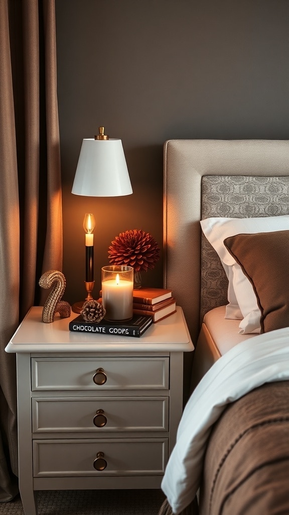 A stylish chocolate-themed nightstand with a lamp, candle, and decorative items.