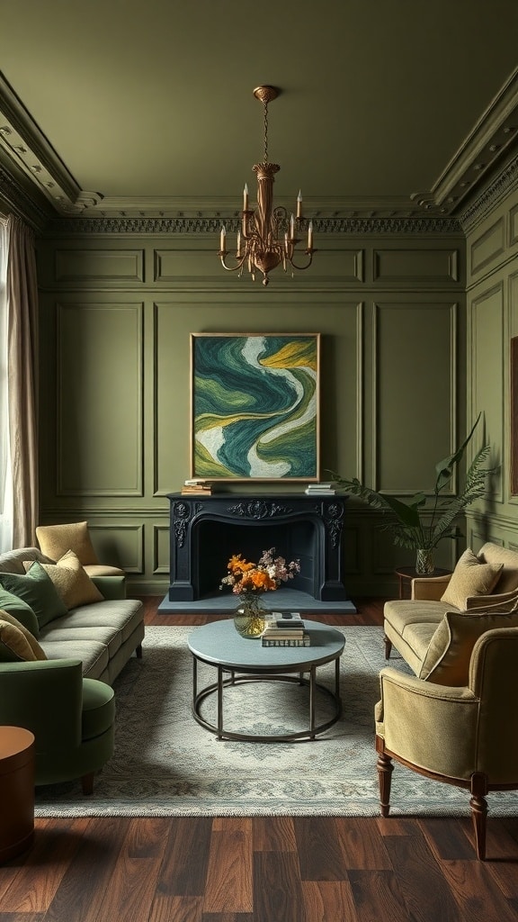 Sophisticated monochrome olive green living room with elegant furniture and decor