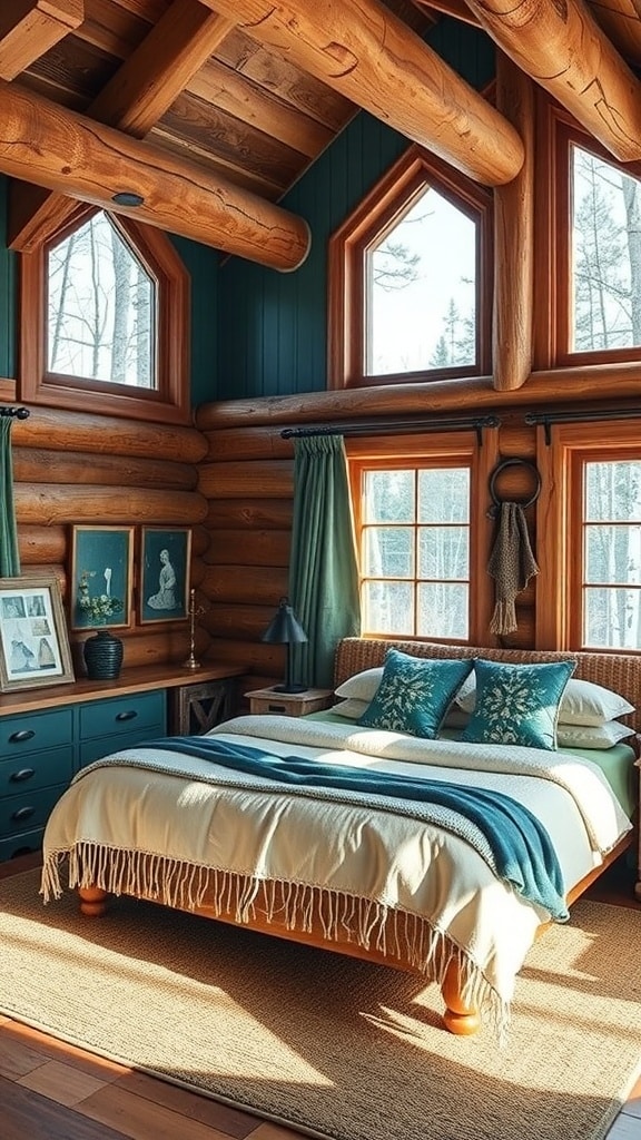 A rustic teal bedroom with wooden beams, large windows, and cozy bedding.