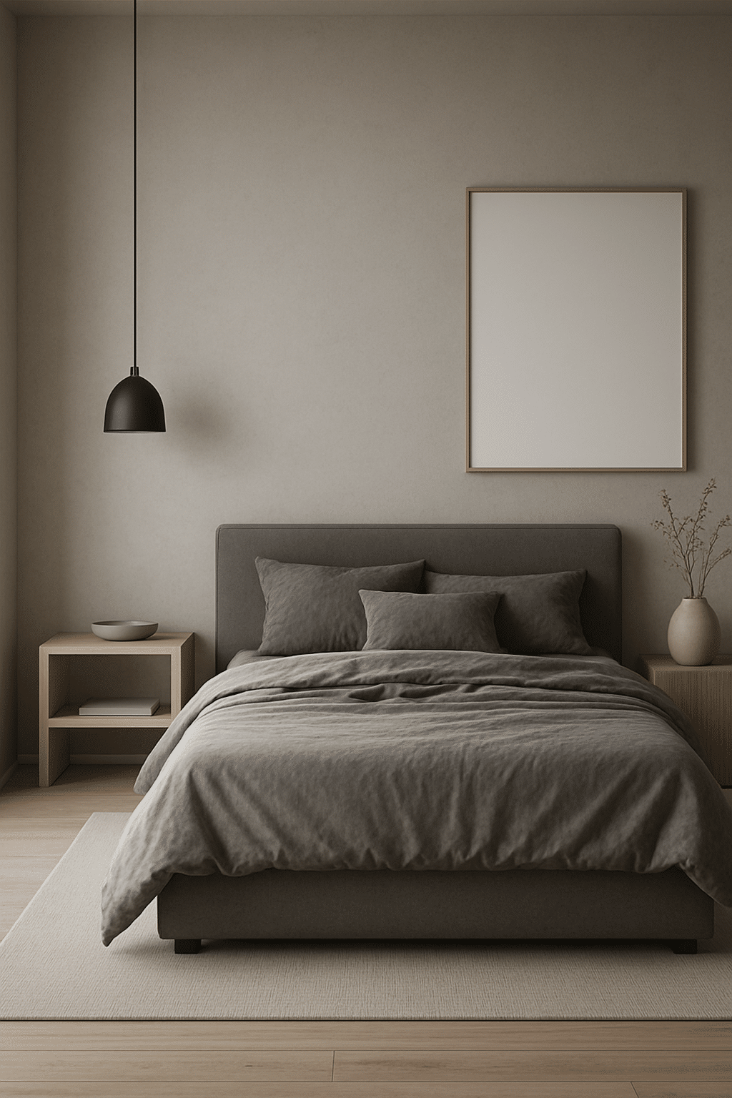 A minimalist gray bedroom featuring a gray bed, wooden bedside table, and a pendant light.