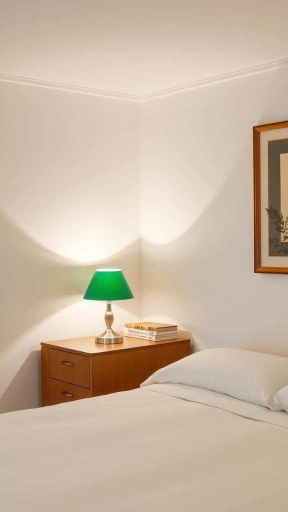 A cozy mid-century bedroom featuring two green Art Deco lamps, a neatly made bed, and textured wallpaper.