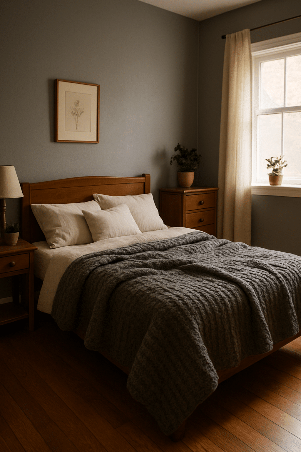 A cozy gray bedroom featuring a wooden bed frame, soft gray walls, and warm wood furniture.