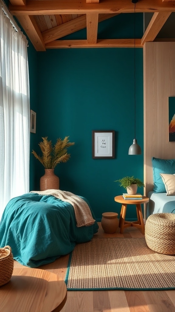 A cozy bedroom featuring a teal wall, wooden beams, and earthy decor elements.