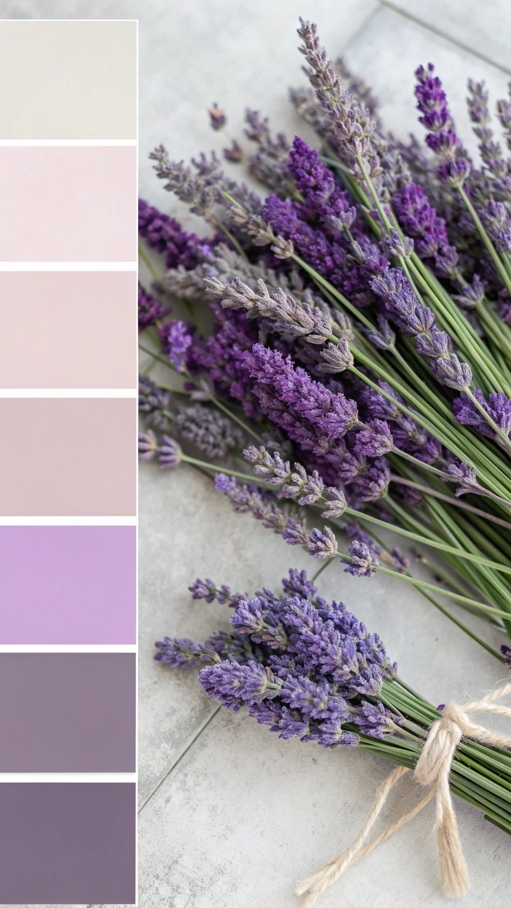 A color palette featuring lavender shades alongside fresh lavender flowers.