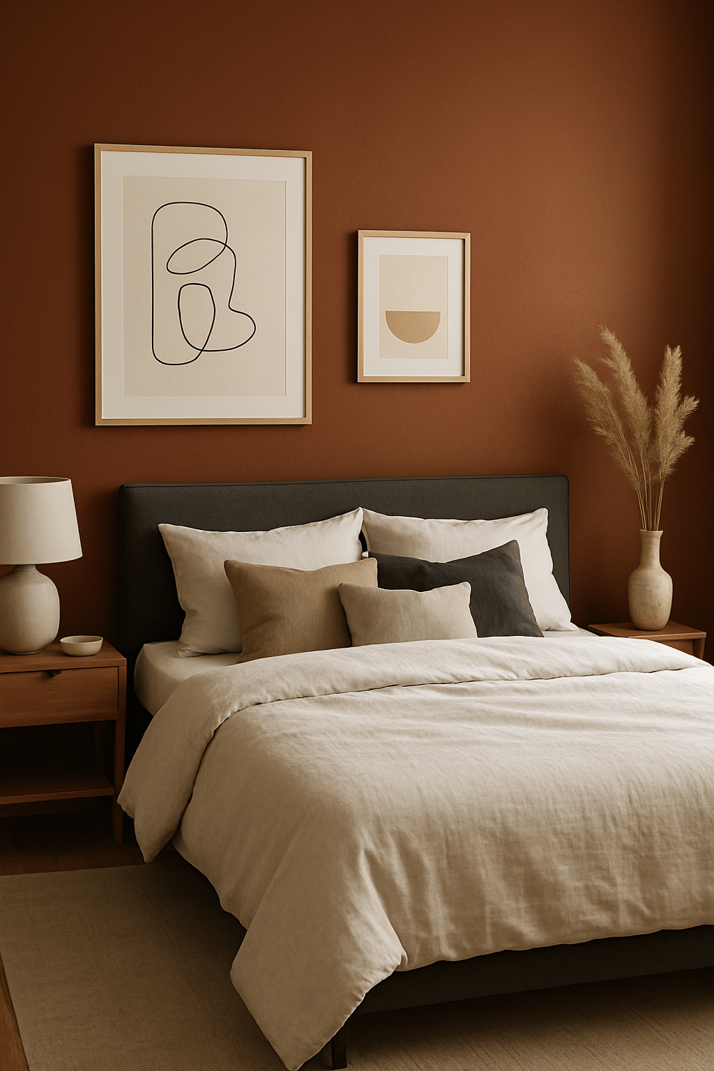 A cozy bedroom with a burnt sienna statement wall, featuring neutral bedding and decorative elements.