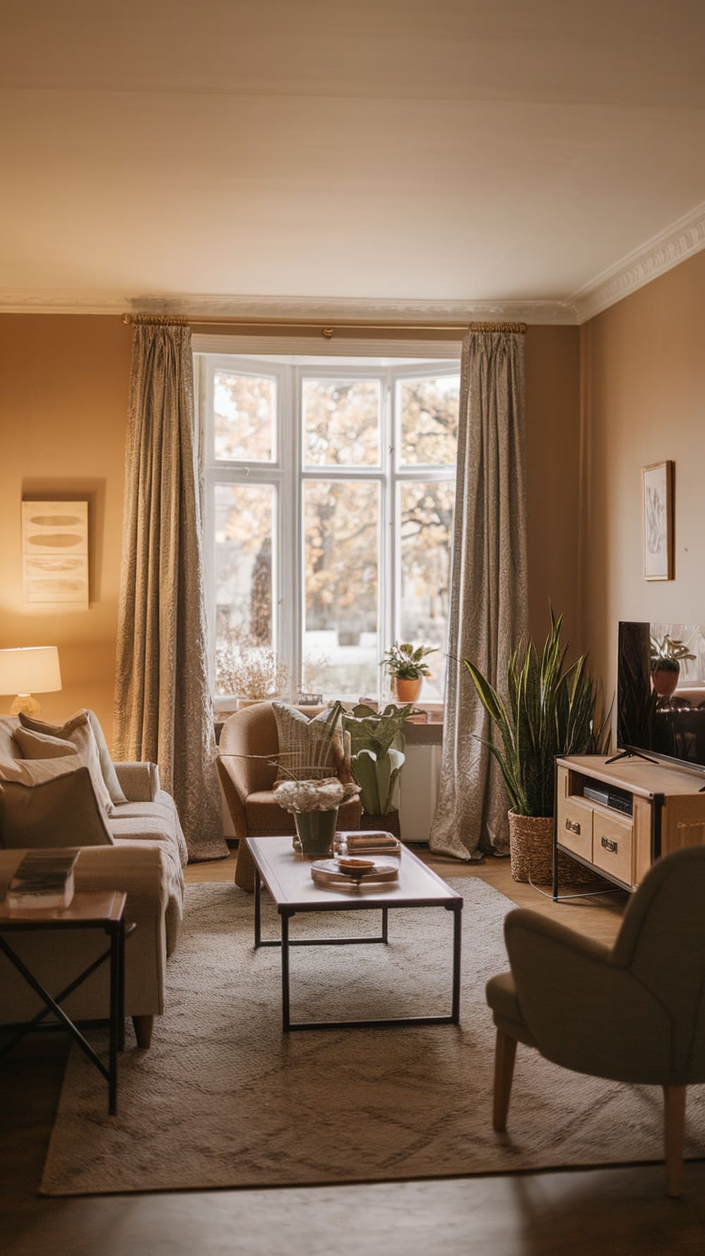 A cozy living room featuring Accessible Beige walls, plants, and comfortable furniture.