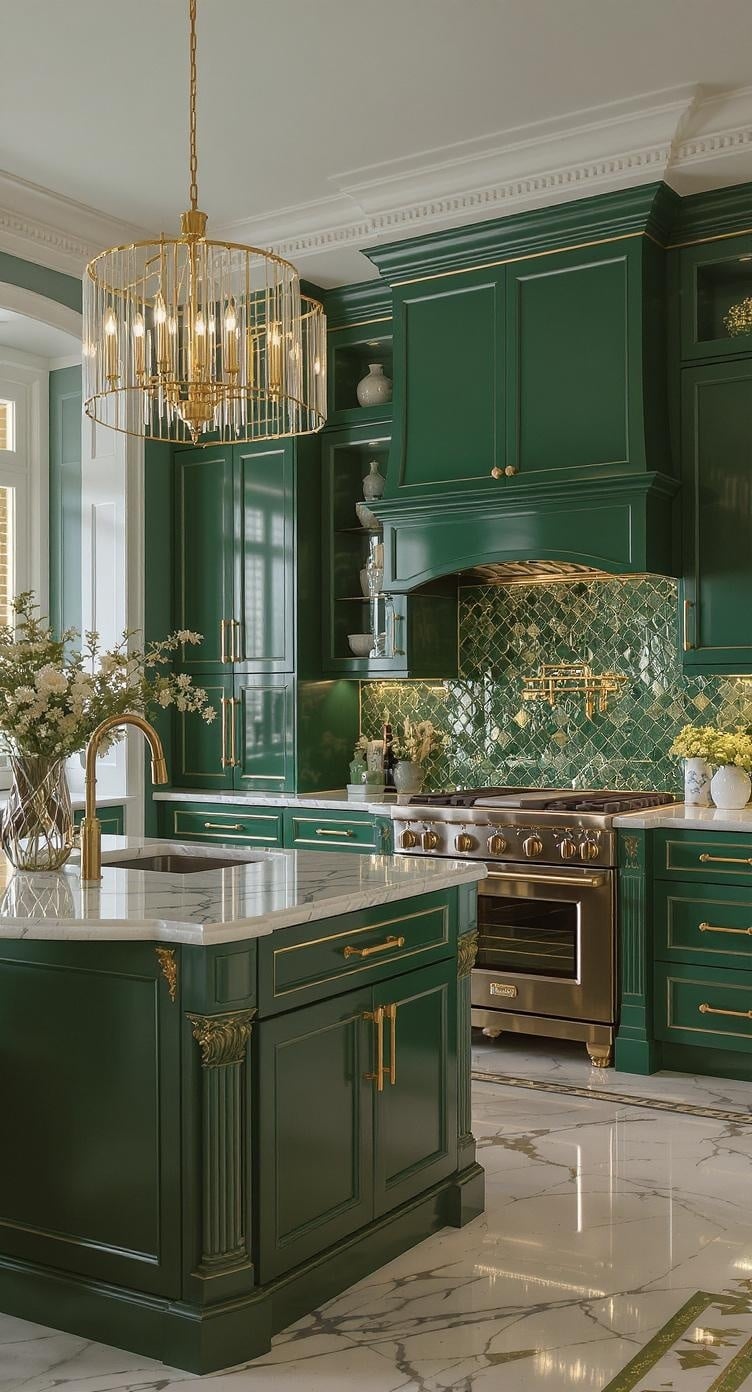 Stylish kitchen featuring emerald green cabinetry and gold accents.